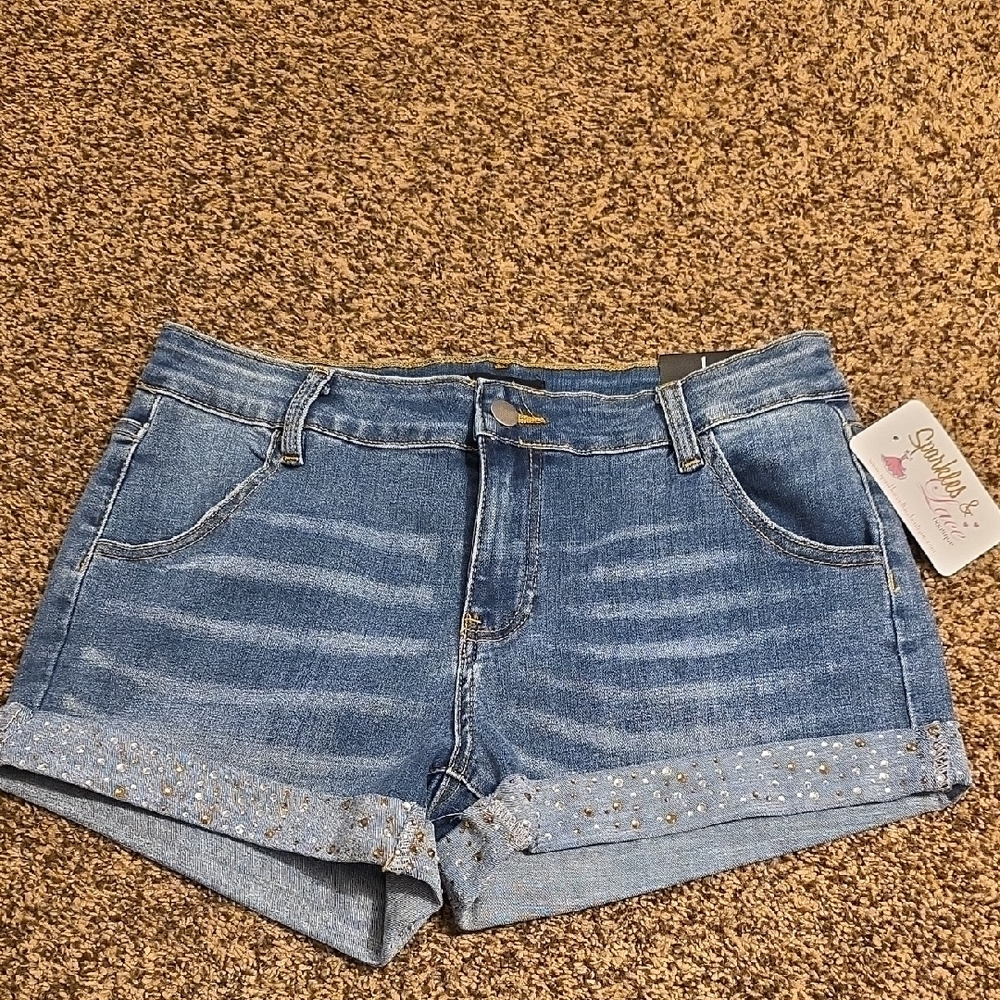 Vocal Blue Jean Shorts with Cuffed Hems Bling Detail Size Large